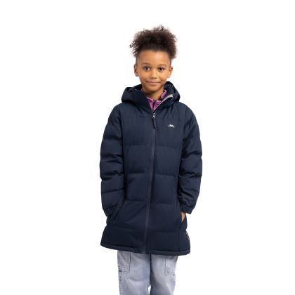 Trespass Kids Padded Jacket with Hood Tiffy Navy, Front view on mannequin