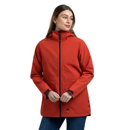 Womens Hooded Waterproof Jacket Tiverton in Burnt Sienna, Front view on mannequin