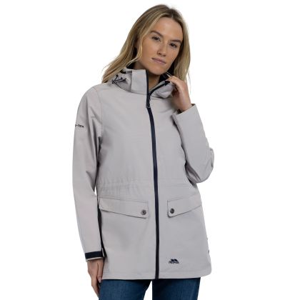 Womens Hooded Waterproof Jacket Tiverton In Soft Stone, Front view on mannequin