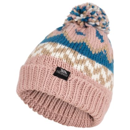 Trespass Kids' Knitted Hat Twiglet in Misty Rose / Bondi Blue, Hat at angled view