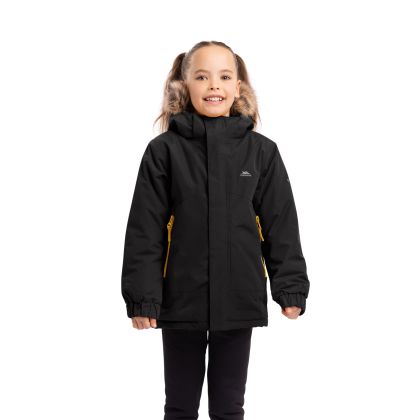 Trespass Kids Waterproof Coat Wyald in Black, Front view on mannequin