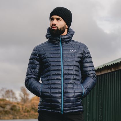 Trespass Men's DLX Down Jacket Zoltan in NAVY, Front view on mannequin